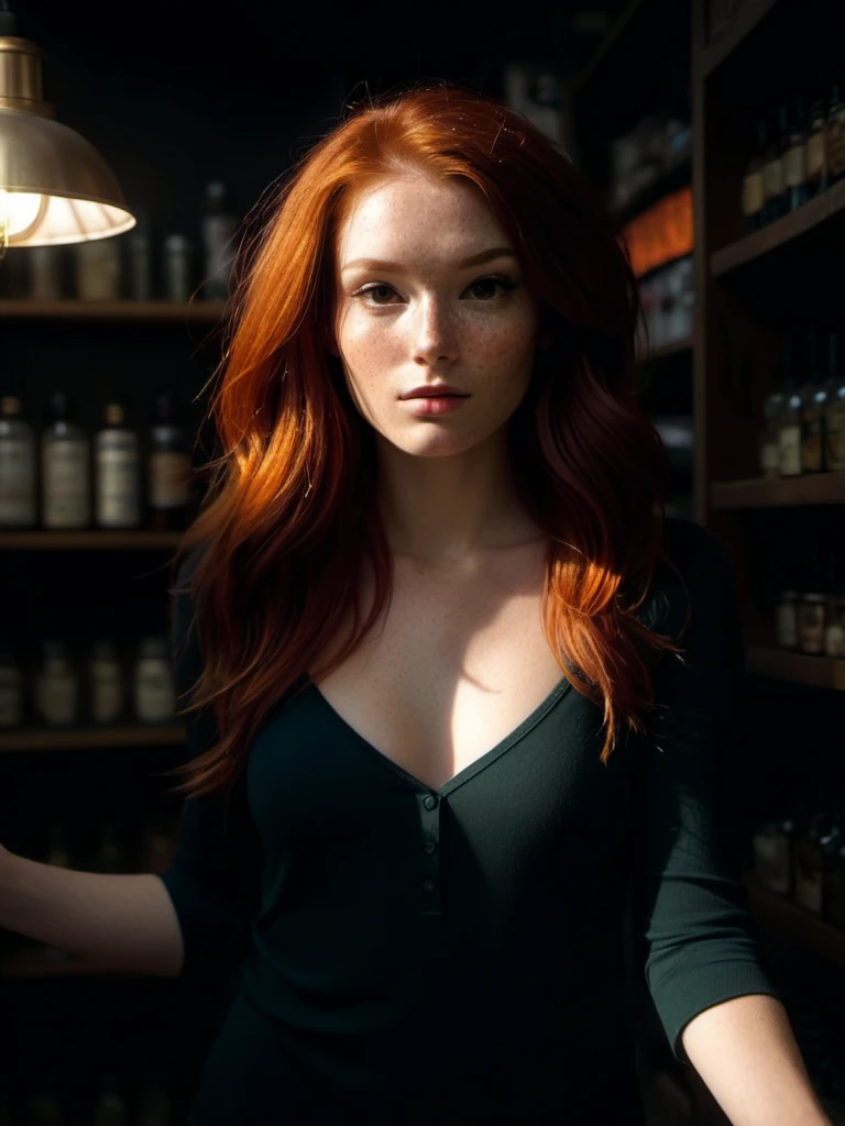 best quality, photorealistic, accurate, realistic, homely red head with freckles long hair shop keeper surrounded by magical items, dynamic lighting and shadows, cleavage, small breasts,
embedding:sdxl\pos\ImgFixerPre0.3,