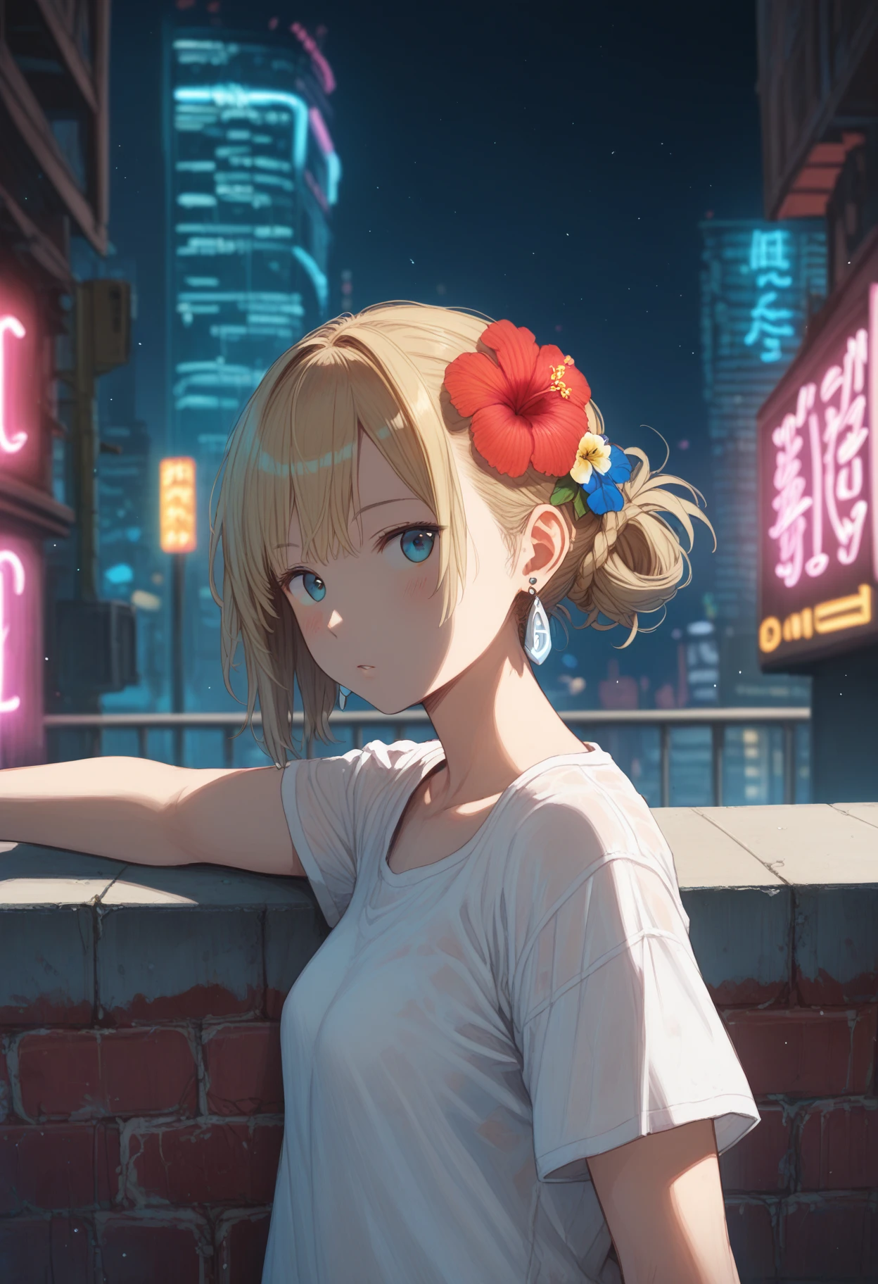 score_9, score_8_up, score_7_up,
BREAK
balcony, neon, concrete, neon, cityscape, neon lights,
1girl, solo, full body, hibiscus hair ornament, earring, light particles,
(shadow, blurry background)