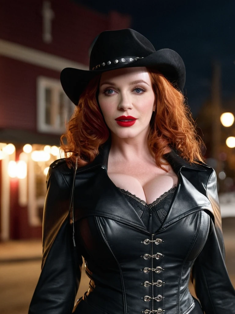 cinematic film still cinematic photo  <lora:Christina_Hendricks_r1:1> , Christina Hendricks in a leather corset, black trench coat, cowgirl hat, fiery red hair, lipstick, outside a saloon, twilight time, moonlight . 35mm photograph, film, bokeh, professional, 4k, highly detailed . shallow depth of field, vignette, highly detailed, high budget, bokeh, cinemascope, moody, epic, gorgeous, film grain, grainy