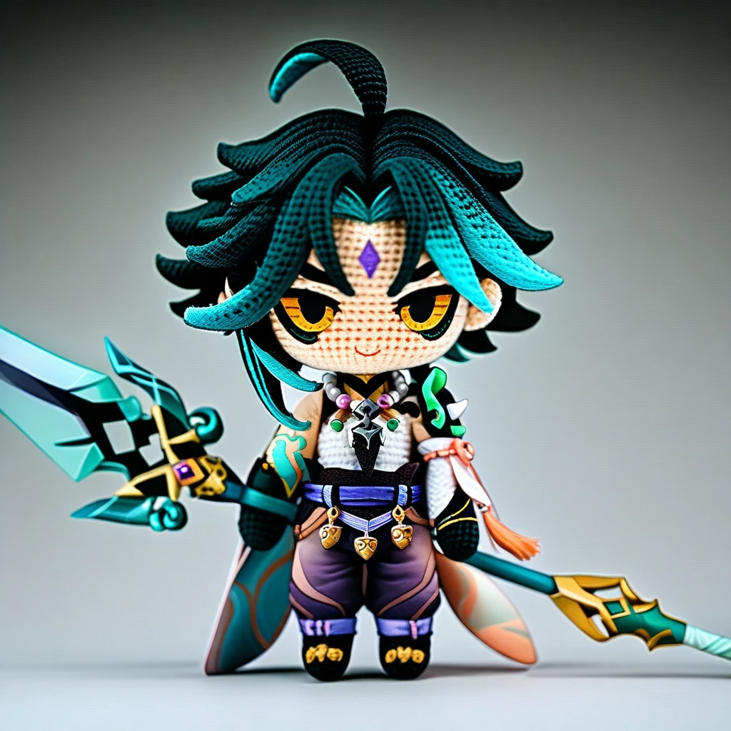 amigurumi-style, amigurumi,full_body,(masterpiece),(best quality),1boy, solo, xiao \(genshin impact\), weapon, male focus, necklace, polearm, white background, jewelry, holding weapon, simple background, holding, smile, multicolored hair, bead necklace, green hair, full body, gloves, holding polearm, spear, asymmetrical clothes, tattoo, beads, ahoge, standing, closed mouth, bangs, detached sleeves, looking at viewer, facial mark, arm guards