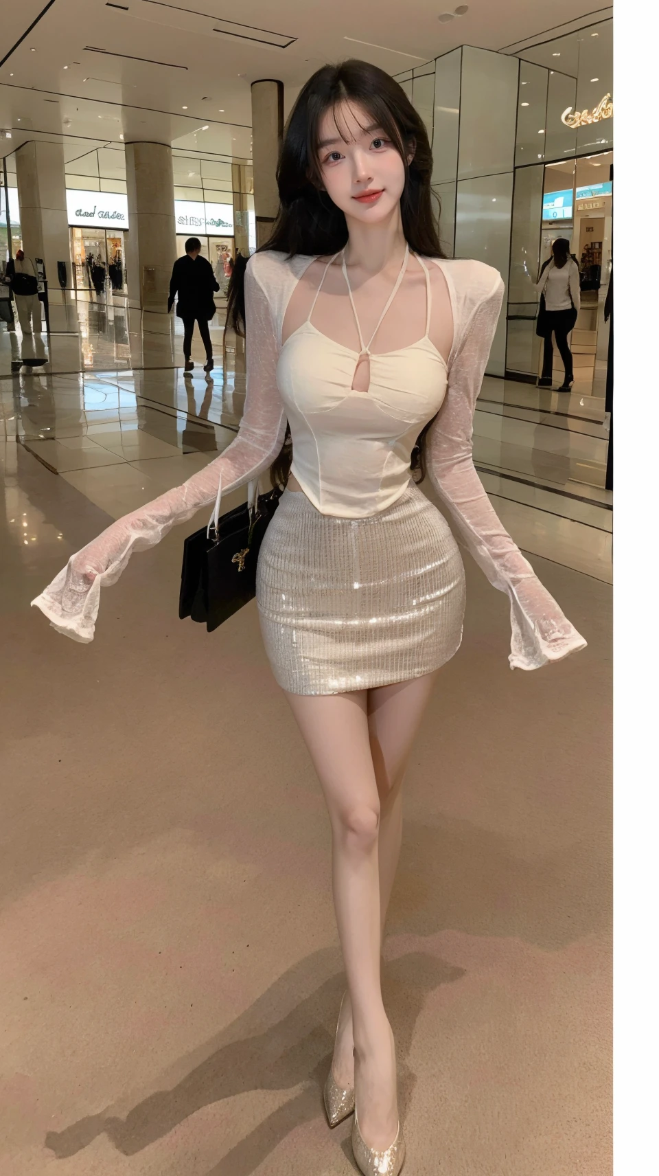 masterpiece,best quality,bright colors,solo,photo_,(1girl:1.3),(standing:1.3),(looking at viewer:1.4),Elegant,detailed gorgeous face,(full body:1.4),realistic,(mall background:1.3),lora:liangdutiaojie:0.35>,,MIS,shiny drress,long sleeves,<lora:MIS54:0.75>