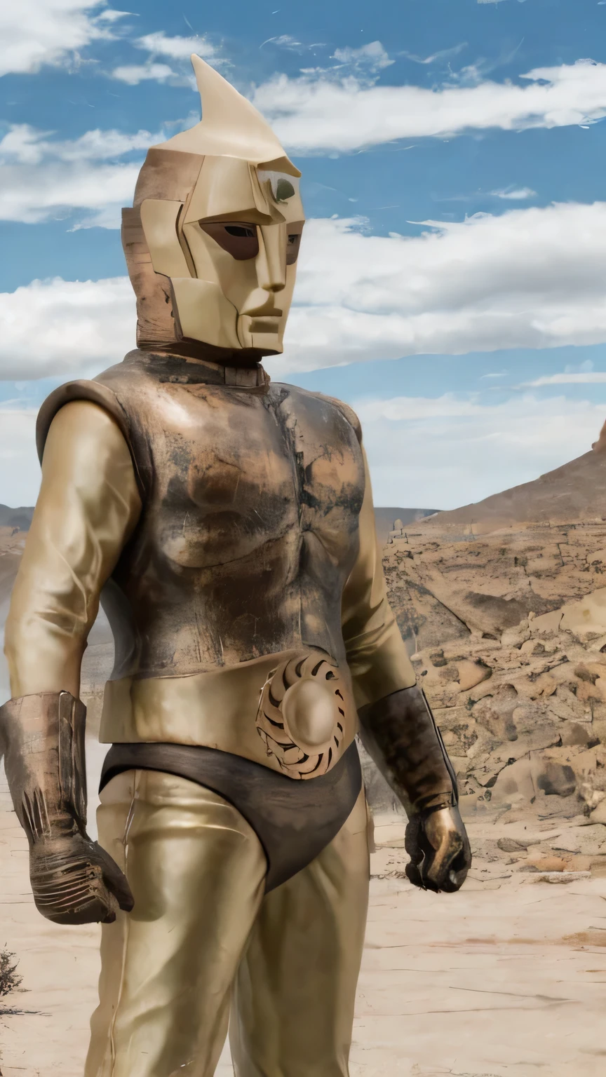Spectreman, looking at viewer, in a desert place, sun, clouds, professional photograph, masterpiece, best quality, 8K, 16K, UHD, photorealistic, solo