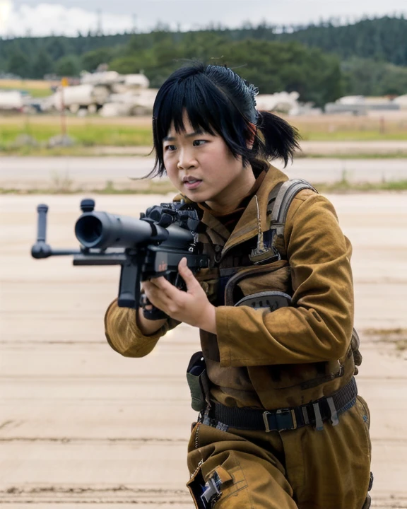 <lora:rosetico_lora:0.8>, rosetico, woman, asian, light beige skin, black ponytail hair with bangs, kelly marie tran, on the battlefield, (action shot:1.2), <lora:BetterGuns-V1:0.8>, holding a rifle, smg, explosions in distance, war, running, cinematic