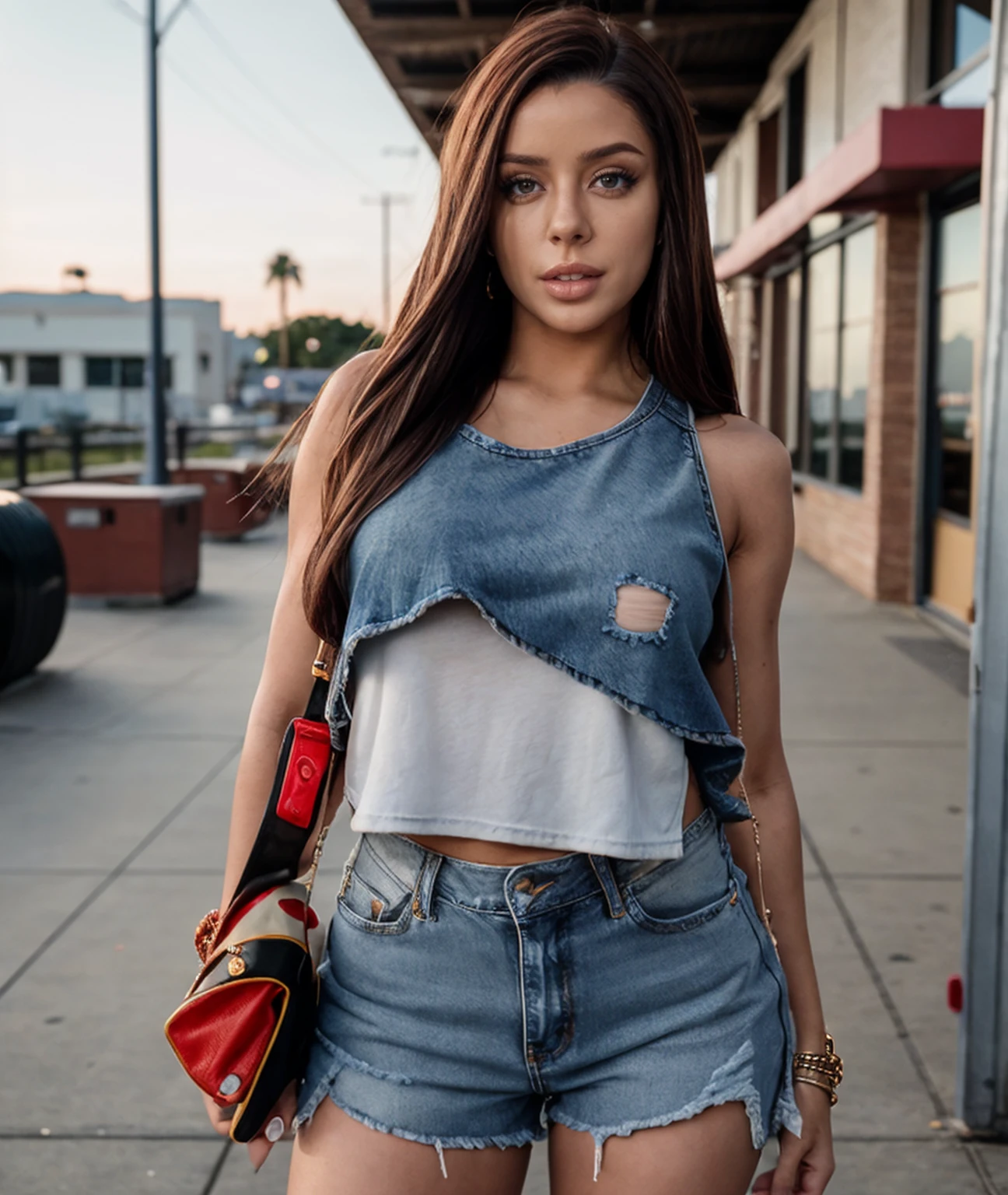 cinematic photo , photo, <lora:quiron_VannaBardot_v1230_Lora:0.77> vannabardotquiron, vannabardot, 1girl, long hair, brown eyes, lips, realistic, Ripped boyfriend jeans, cropped tank top, flip flops , . 35mm photograph, film, bokeh, professional, 4k, highly detailed