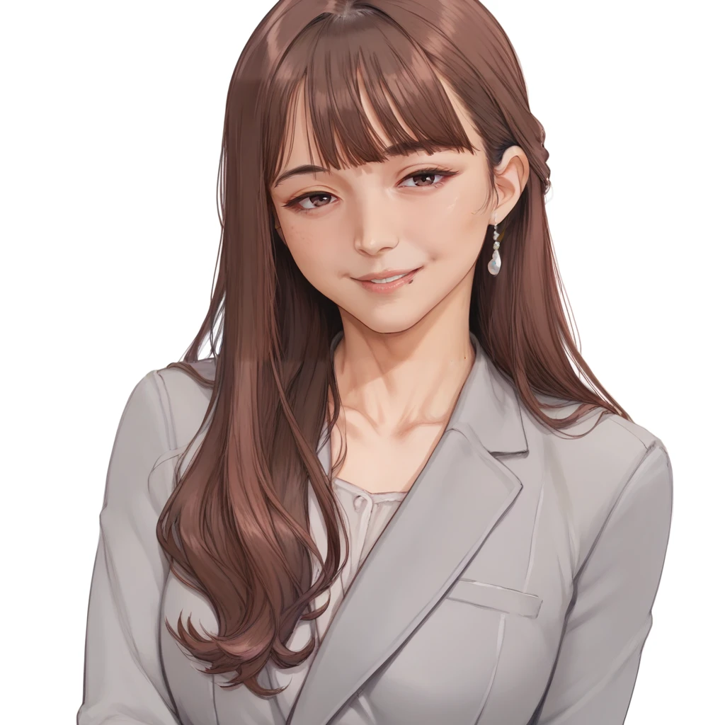 score_9, score_8_up, score_7_up, score_6_up, score_5_up, score_4_up, BREAK 1girl, yua yaiba, csr style, mature, mole near lip, smile, looking at viewer, brown hair, long hair, bangs, upper body portrait, grey formal suit, long sleeves, plain white background, <lora:Yua_Yaiba-000004:1> <lora:cutesexyrobutts_style_xl_goofy:1>