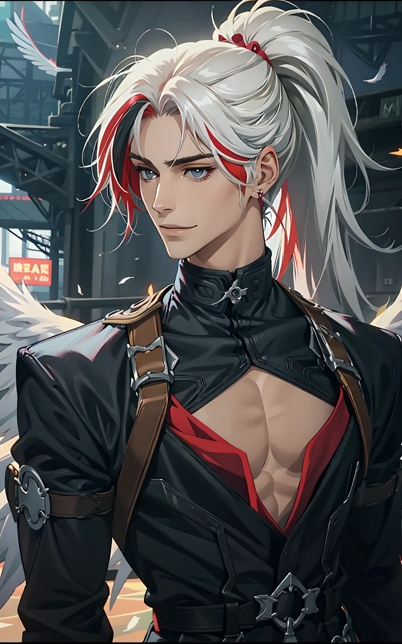 yone, solo, long hair, looking at viewer, gloves, 1boy, ponytail, white hair, grey hair, male focus, red hair, multicolored hair,  streaked hair, clothing cutout, cleavage cutout, pectorals,  <lora:Heartsleet_Yone-10:0.7>, (best quality), (masterpiece), upper body, light smile, glowing, masterpiece, best quality,  dynamic angle, ((smug)), topless, from side, upper body,  angel, (((angel wings, big wings, large wings))), feathers, (has_wings, angel_wings:1.3),angelic background, good hand,4k, high-res,