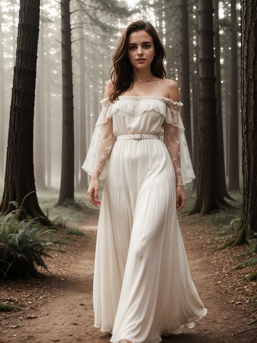 Analog photo, tv_Amina_Olsson_MXAI, walking through a dreamlike mystical forest at night, wearing a flowing white dress, cinematic shot, (((Ultra-HD-details, Ultra-HD-detailed, Ultra-HD-realistic))), 8k uhd, dslr, soft lighting, high quality, film grain, Fujifilm XT3