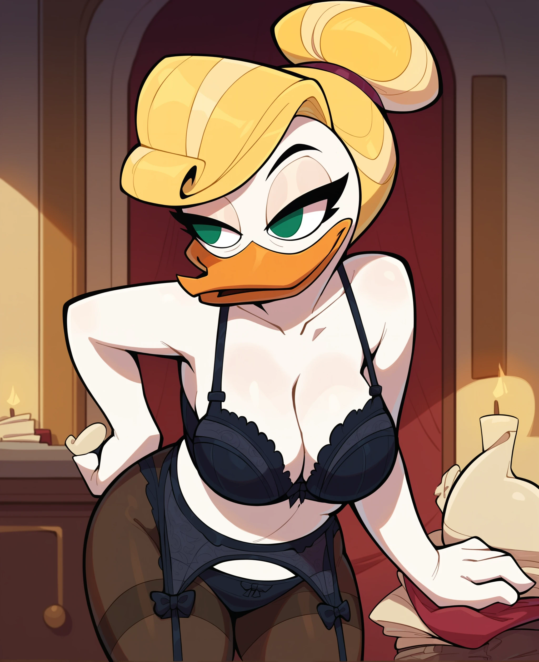 score_9, score_8_up, score_7_up, score_6_up, best quality, highres, source_furry, BREAK drocll BREAK
1girl, female, solo, furry, inside, mansion, standing, female, duck, beak, goldie o'gilt, mature female, green eyes, looking aside, white skin, white body, bra, frilly, pose, seductive, garter straps, garter belt, lingerie, leaning forward, beckoning, bedroom eyes, leggings, pantyhose, blonde hair, swoop bangs, hair bun, breasts, thick thighs, standing, <lora:Goldie_OGilt:0.8>