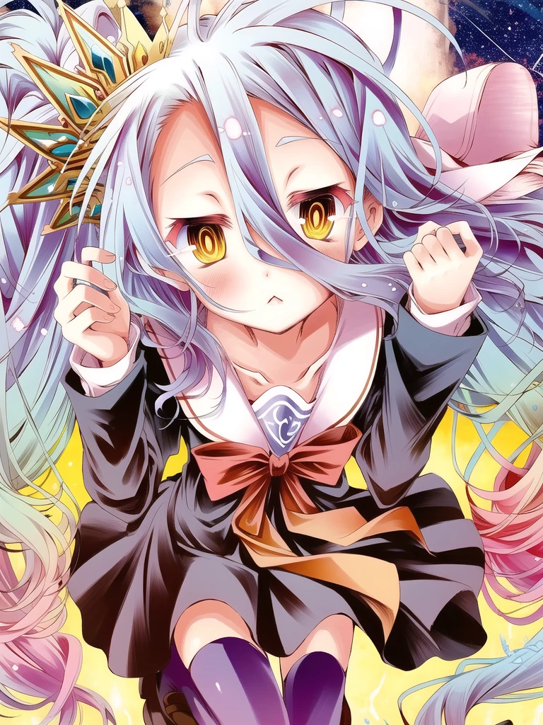 close-up,crown, 1girl,long_hair,((portrait)), multicolored_hair, thighhighs, constellation,solo, gradient_hair, collarbone, purple_legwear, hair_between_eyes, blue_hair, school_uniform, looking_at_viewer,serafuku, very_long_hair <lora:shiro-000008:1>, (best quality), ((masterpiece)), (highres), (an extremely delicate and beautiful),
