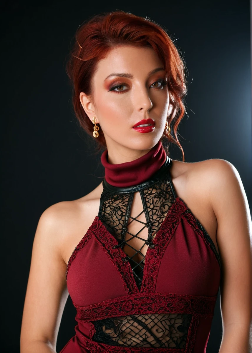 glamorous photo of a captivating masterpiece of an woman in a (((criss-cross neckholder dress with turtleneck))) ,long earrings, necklace, half body, The intricate lace and gold details exude a very rebellious aura. ((The use of high-shine gloss adds a touch of glamour to the look)), ((while the deep red and black hues give it a dramatic vibe)), blurred background, studio ligthing, facing camera, shallow depth of field,   <lora:MS_AshleyRobbins_SDXL:0.9>, high fashion, luxurious, extravagant, stylish, sensual, opulent, elegance, stunning beauty, professional, high contrast, detailed,