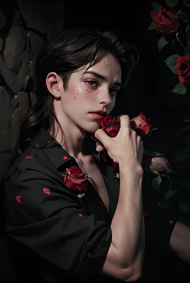 (1 boy:1), boy,flower, (photography: 1.6), (masterpiece 1.2), (32k: 1.8), (many roses:1.8), looking at viewer, makeup, red lips, long hair, red flower, petals, (red rose: 1.0), brown Eyes, lips, collarbone, lipstick, there is a red spot on the face, (covered by roses: 1.2), lying on the ground, upper body,(wear black shirt:1.2),Cinematic quality,(There are red spots on the face, covered by roses:1.8),dim light,(melancholy style:1.8),(deep and dark environment:2)