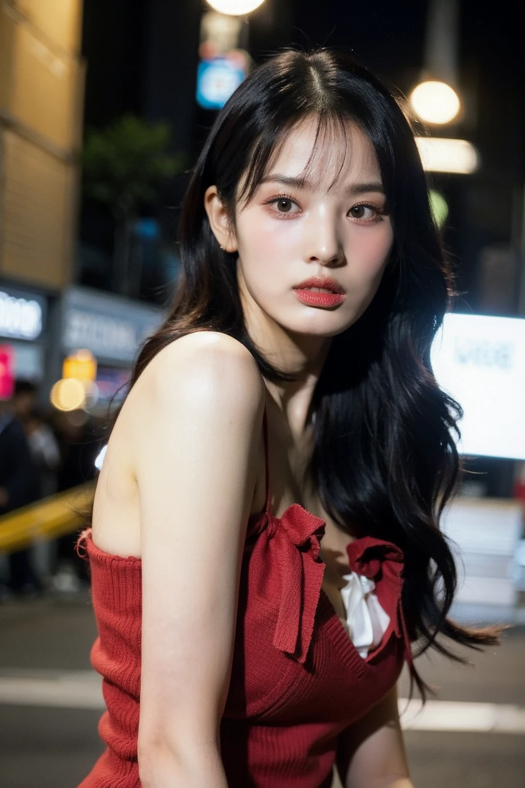 Best quality, masterpiece, ultra high res, (photorealistic), raw photo,1girl, skinny, upper body,solo, realistic, looking at viewer, long hair, bokeh background, city streets,brown eyes, bohemian dress, <lora:makina69_jinni_v1.0:1>