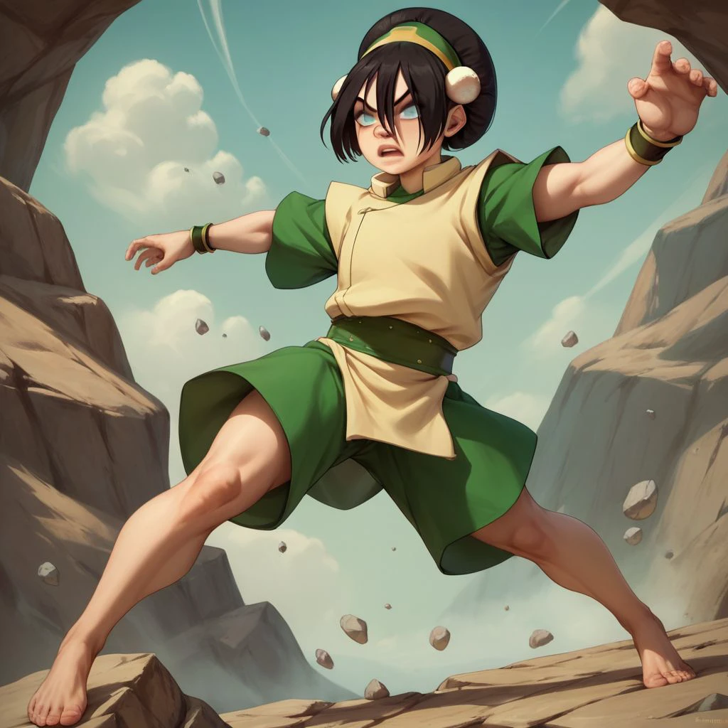 score_9, score_8_up, score_7_up, score_6_up, score_5_up, score_4_up, rating_explicit, 1girl, Toph, blind, fighting stance, surrounded by floating rocks, flying rocks, barefoot, rocky terrain