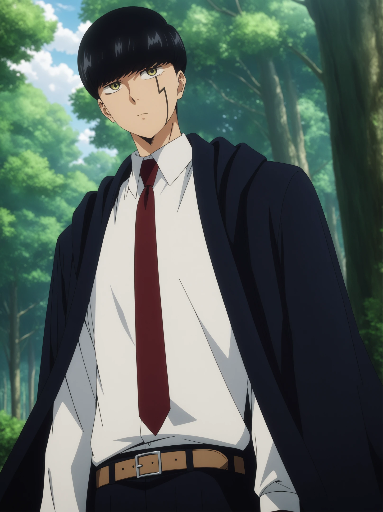 masterpiece, best quality, very aesthetic, ultra detailed, intricate details, 4k, anime style,
mashleai, 1boy, solo, male focus, bangs, black hair, yellow eyes, bowl cut, facial tattoo, hair between eyes,
shirt, long sleeves, white shirt, necktie, collared shirt, belt, pants, formal, suit, red necktie, cloak, black cloak, wide sleeves, mashle, mash burnedead, 
upper body, looking at viewer, forest, outdoors, tree, sunlight, cloudy, <lora:Mashle_XL:1>