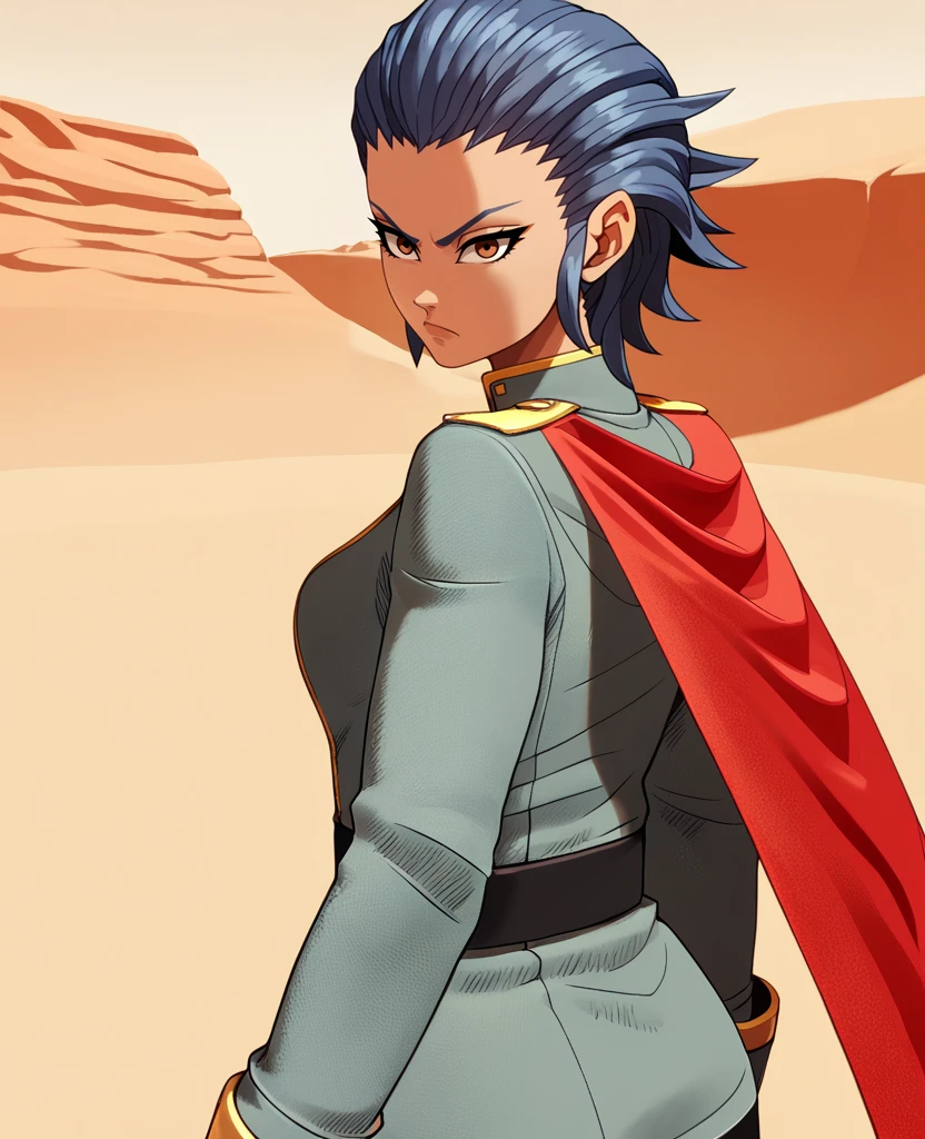 score_9,score_8_up,score_7_up,score_6_up,Rossetaxl,brown eyes,blue hair,hair slicked back,uniform,short red cape,military base,desert,solo,<lora:Rossetaxl:1>,looking at viewer,serious,tanks,gloves, from behind,