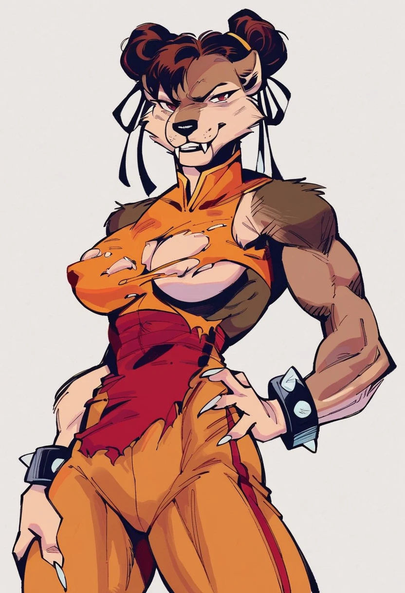 score_9, score_8_up, score_7_up, score_6_up, score_5_up, score_4_up, furry, a female werewolf dressed as Chun-Li, hand on one hip, covered , , looking at viewer, standing, cowboy shot, twin buns, hair ribbons, torn clothing, pointy ears, wolf nose, furry arms, claws, fangs, muscular, white background, simple background, hatching (texture), marker (medium), retro artstyle, <lora:j_lee_xmen-06:1>