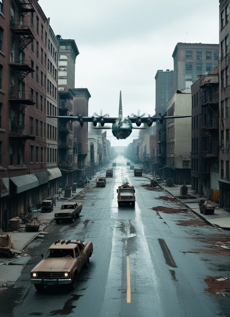 Cinematic still of apocalyptic city street, rusty AIR_C130 flying overhead <lora:AIR_C130:1>