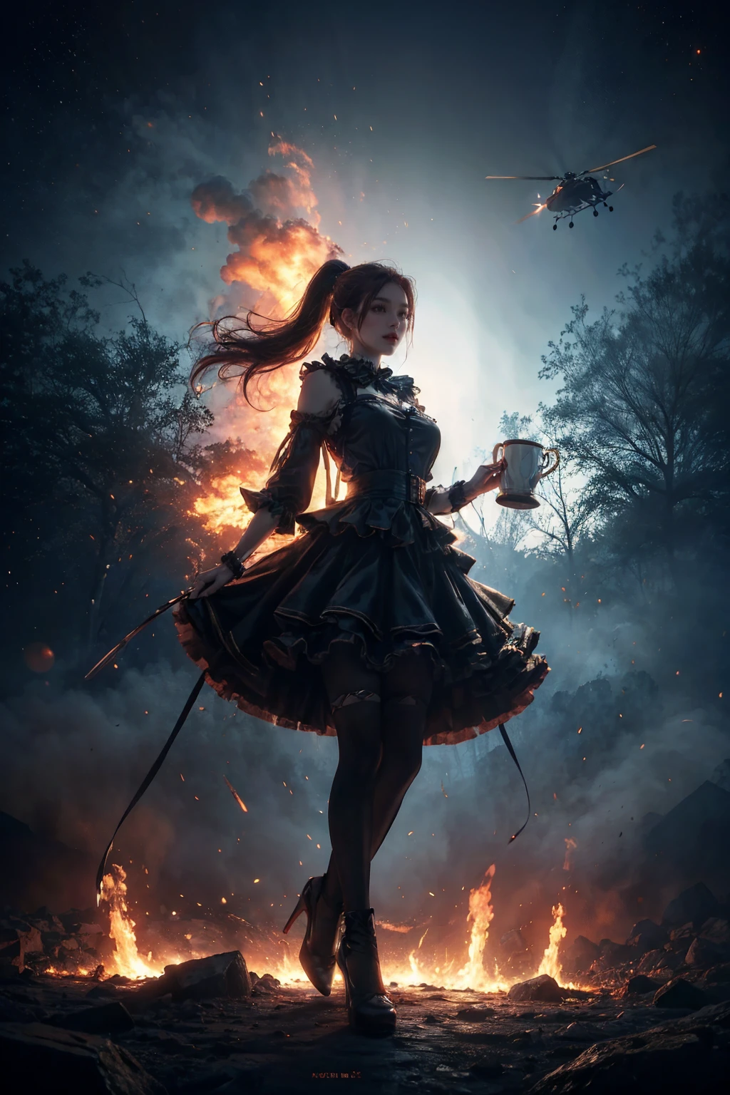 1girl, 
 heavy rain, 
bfbfbf, fire, battlefield, Best quality, ultra high res, excellent composition, cinematic atmosphere, dynamic dramatic ambient light, skirt, ponytail, space, alien, frills, long hair, suspenders, frilled shirt collar, landing castle, eyepatch, comic, planetary ring, english text, explosion, pantyhose, mundane utility, frilled dress, frilled skirt, dress, fiery hair, mug, aircraft, one-eyed, solo, high heels, suspender skirt, helicopter, teacup, cup, blu-ray, czech republic, 
masterpiece, aesthetic
 <lora:æåºæ°å´v3:0.6>