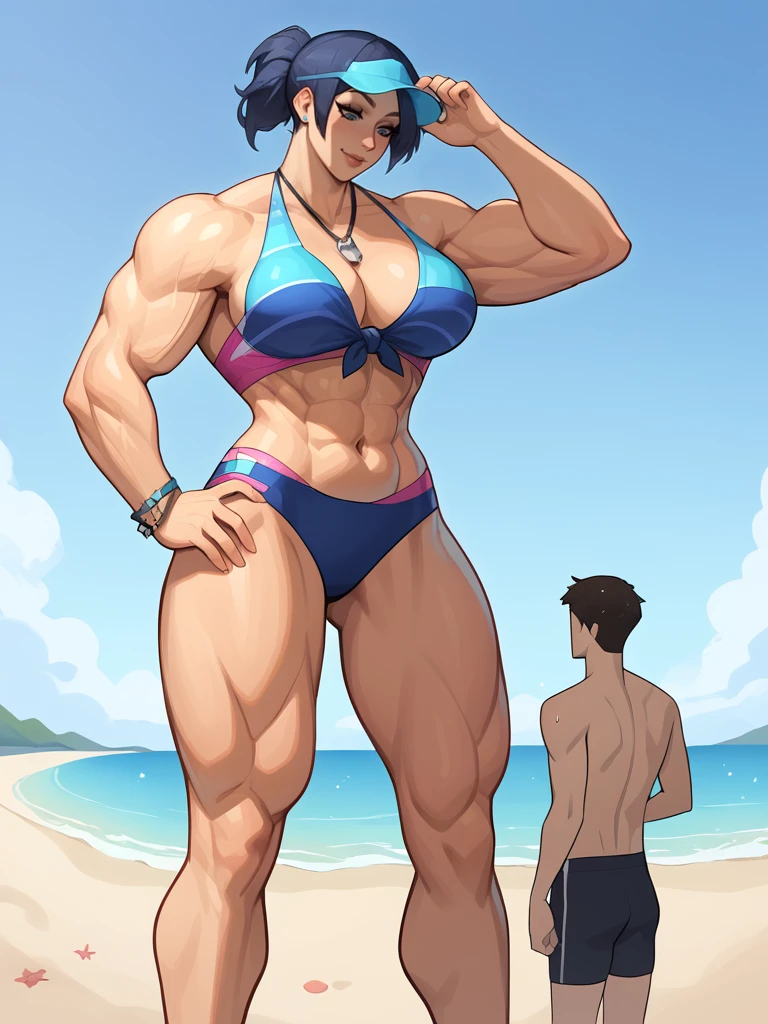 Score_9, score_8_up, score_7_up, score_6_up,  source_anime, beach background, swimwear, 1girl, 1boy, duo,  larger_female, smaller_male, size_difference, standing, looking down, posing, BREAK, muscular female, BREAK,  <lora:Larger_Female:1>