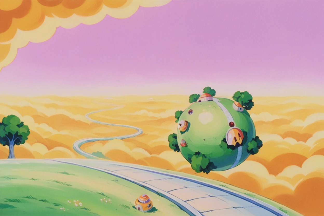 score_9, score_8_up, score_7_up, score_6_up BREAK retro artstyle, kai planet, planet,wide shot, scenery, road, pink sky, yellow cloud, grass, tree, house <lora:OtherworldPony:1>