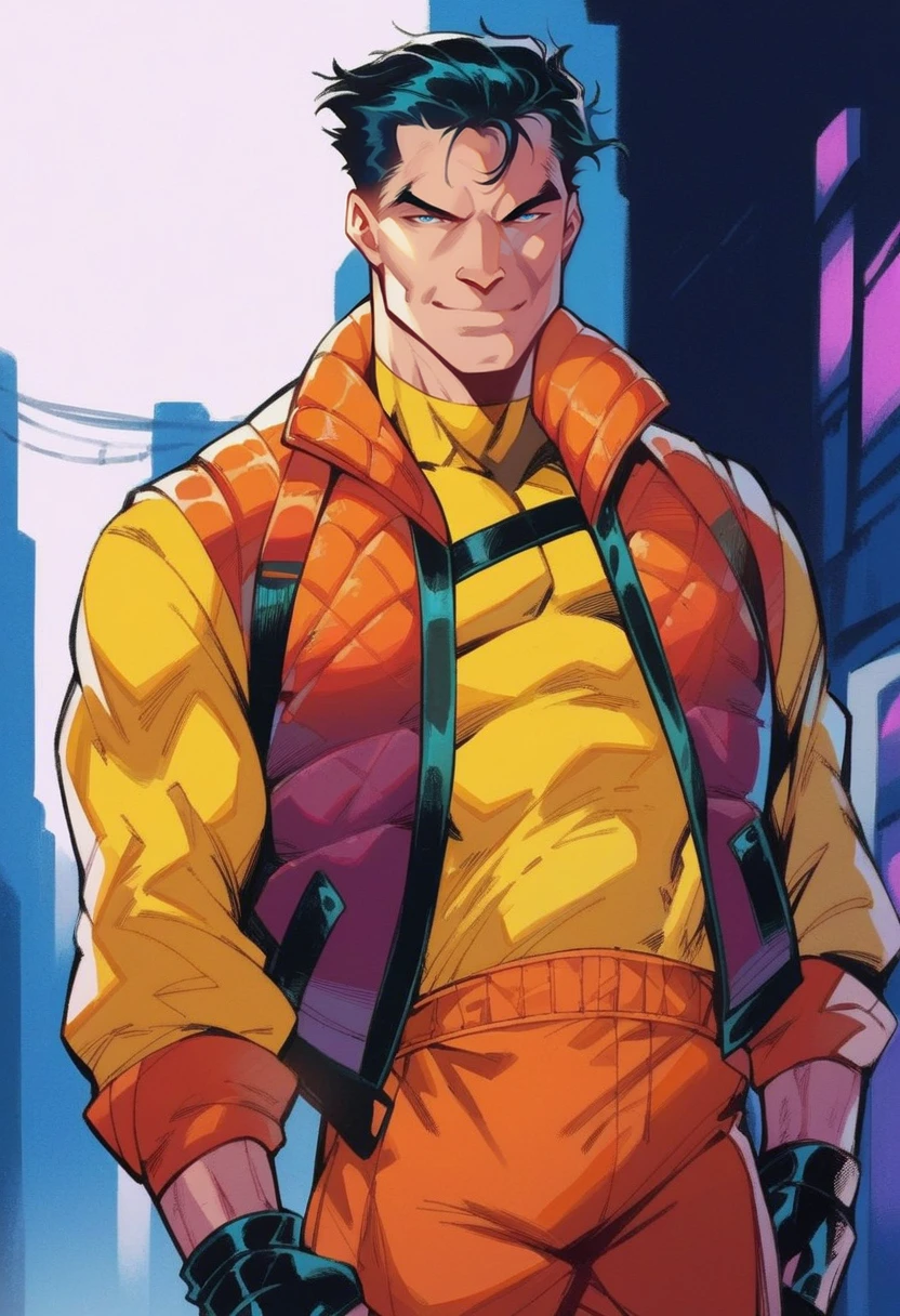 score_9, score_8_up, score_7_up, score_6_up, superhero, looking at viewer, clenched fists, 1boy, muscular, black hair, solo, upper body, standing, smile, jacket, fingerless gloves, foreshortening, science fiction, hatching (texture), marker (medium), outdoors, nature, <lora:j_lee_xmen-06:1>