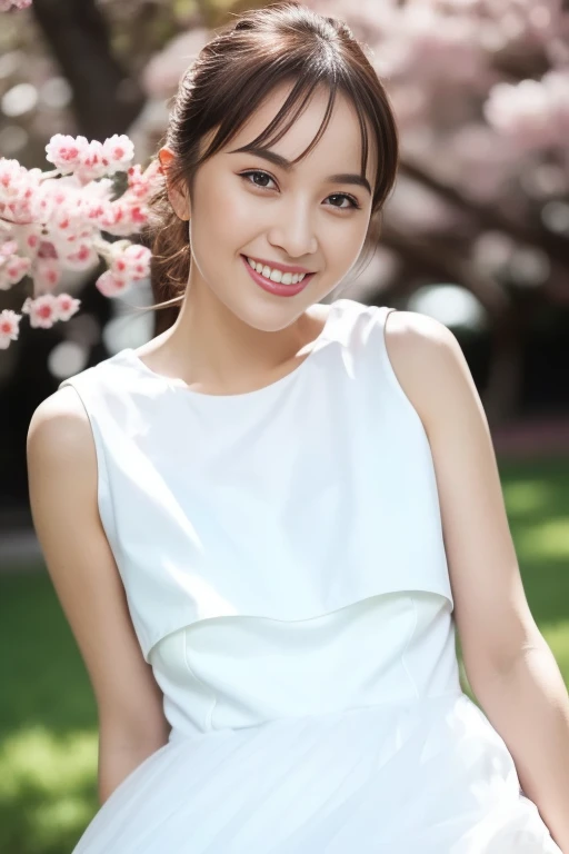 1girl,(RAW photo, best quality), (realistic, photo-realistic:1.4), masterpiece, an extremely delicate and beautiful, extremely detailed, 2k wallpaper, Amazing, finely detail, extremely detailed CG unity 8k wallpaper, ultra-detailed, highres, soft light, beautiful detailed girl, extremely detailed eyes and face, beautiful detailed nose, beautiful detailed eyes,cinematic lighting,perfect anatomy,slender body
wearing a white peplum dress,white skirt,(bokeh:1.2)
at a flower park,sakura flowers,flower garden,
,smile, (dimples)
<lora:momotakanako_lora:0.8>