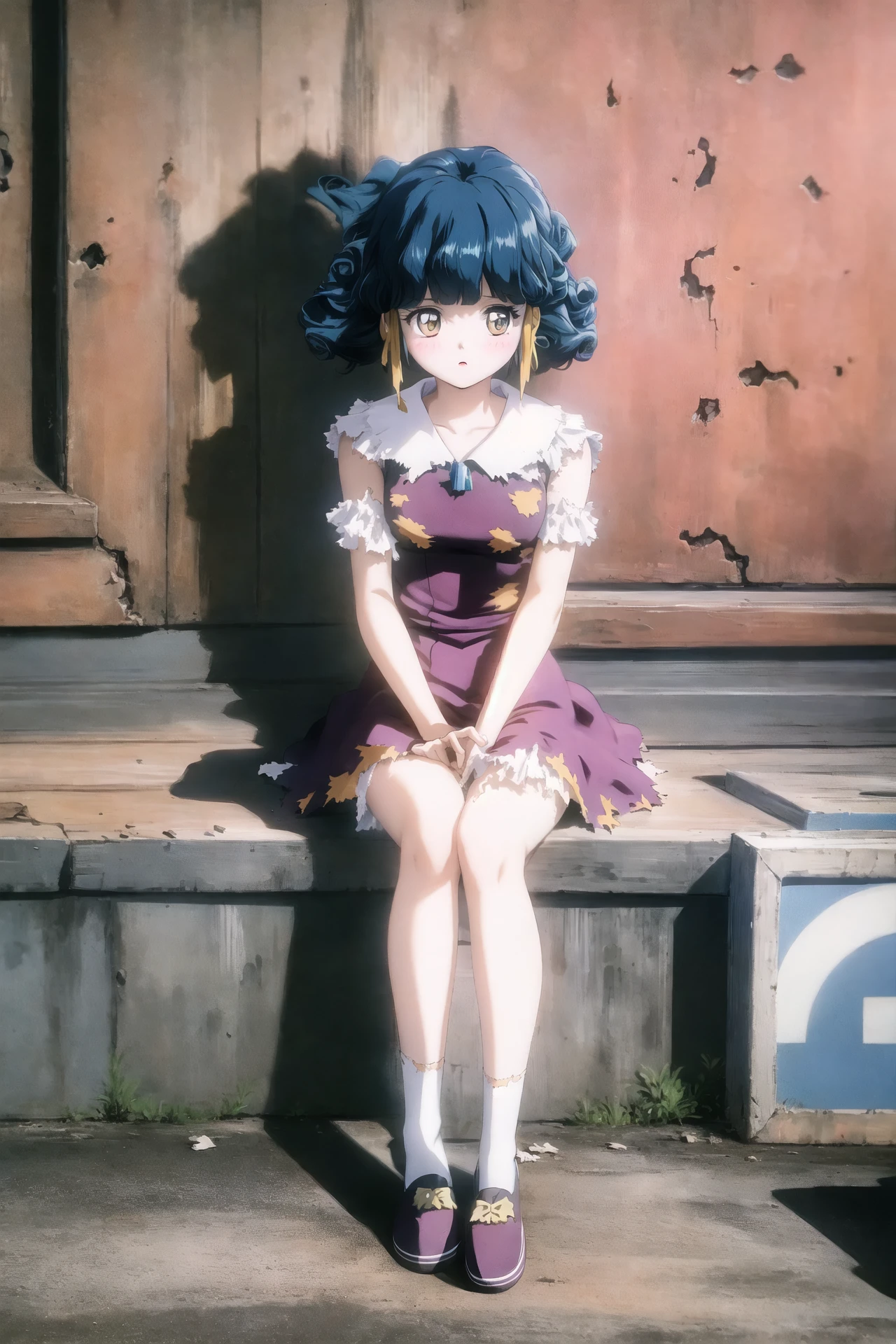 rolfee, tonari no princess rolfee, 1girl, solo, torn clothes, torn legwear, 1980s \(style\), full body, sitting <lora:90sv3.0R:0.6>