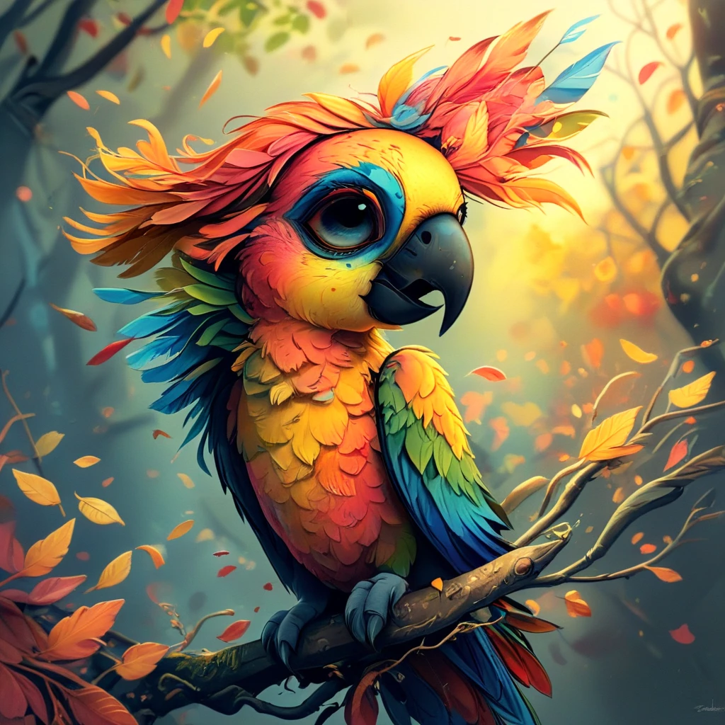 A vibrant and whimsical illustration of a colorful parrot perched on a branch. The parrot has large, expressive eyes and a variety of brightly colored feathers, including shades of blue, yellow, red, and green, giving it a playful and lively appearance. The background is softly blurred, with warm, golden hues and the subtle silhouettes of tree branches and leaves, creating a dreamy, magical atmosphere. Autumn leaves are scattered around the scene, some falling gently, adding to the sense of motion and life. The overall composition is charming and detailed, capturing the essence of the parrot in a fantastical, animated style
 <lora:artfullyBIRDS_SDXL_V1:.1> <lora:artfullyPAPERCUT_SDXL_V1:.8>, artbrdsprrt, artpprct <lora:artfullyECHELIER_SDXL_V1:.6>, artchlr <lora:artfullySTYLIZED_SDXL_V1:1>