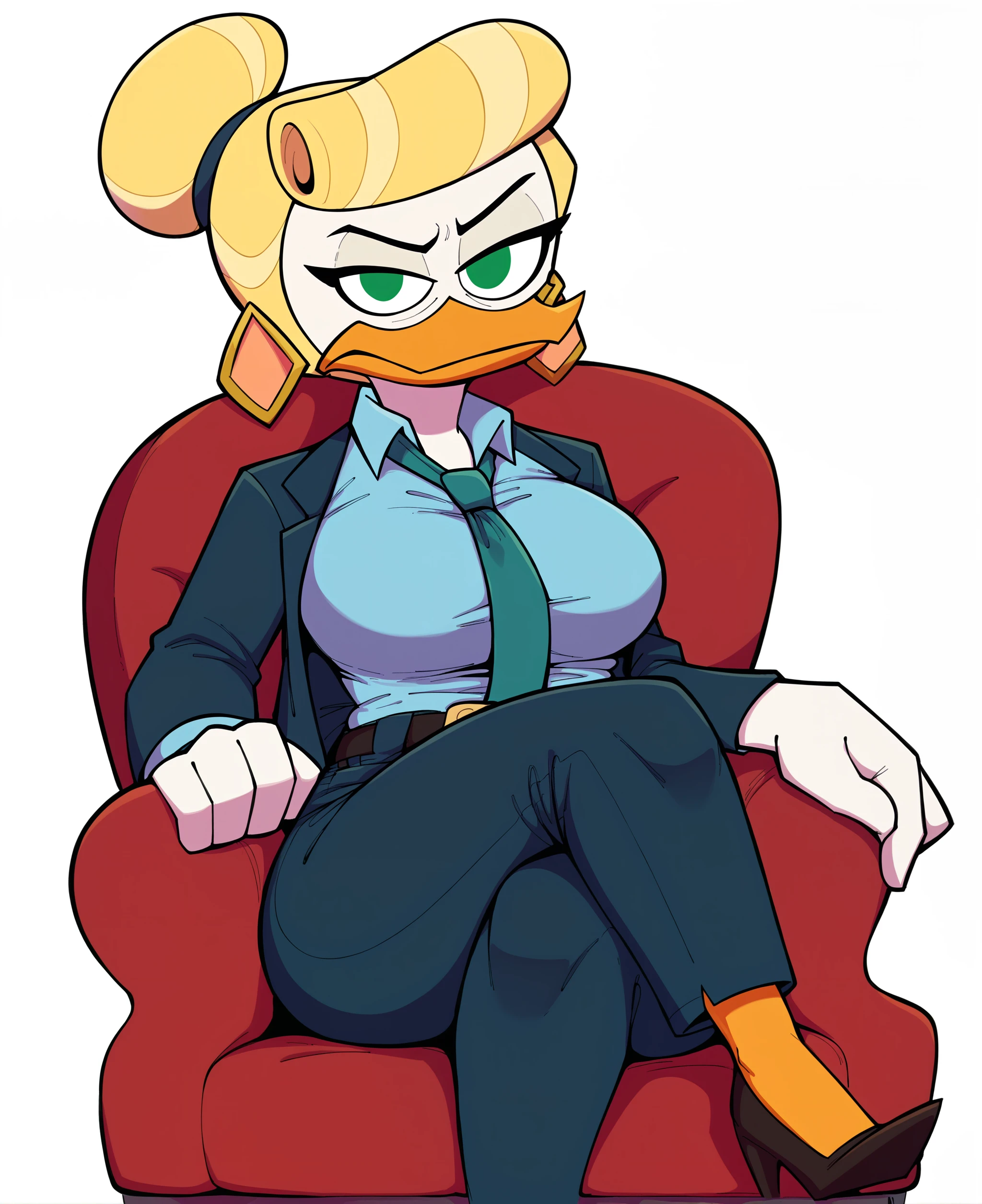 score_9, score_8_up, score_7_up, score_6_up, best quality, highres, source_furry, BREAK
, drockdraw BREAK
sitting, crossed legs, recliner, chair, 1girl, solo, mature female, green eyes, looking at viewer, white background, angry eyes, narrowed eyes, furry, goldie o'gilt, beak, white skin, business suit, necktie, collared shirt, belt, dress pants, high heels, thick thighs, blonde hair, roll bangs, ear ring, hair bun, big breasts, <lora:Drockdraw_Style:0.8> <lora:Goldie_OGilt:0.7>