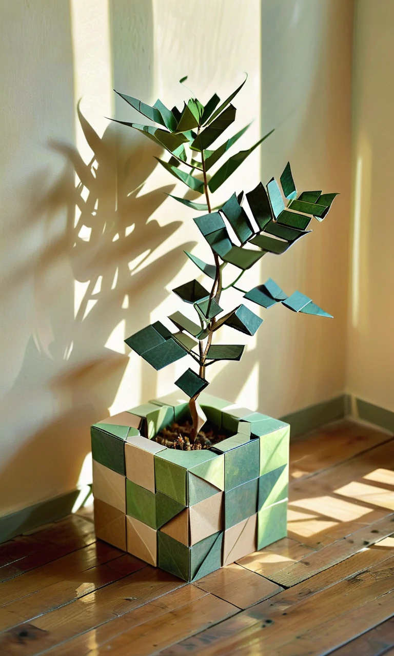 cube impression, potted plant, geometric shapes, paper art, origami, green leaves, cube pot, wooden floor, indoor setting, sunlight, shadows,    <lora:cube_XL:1>