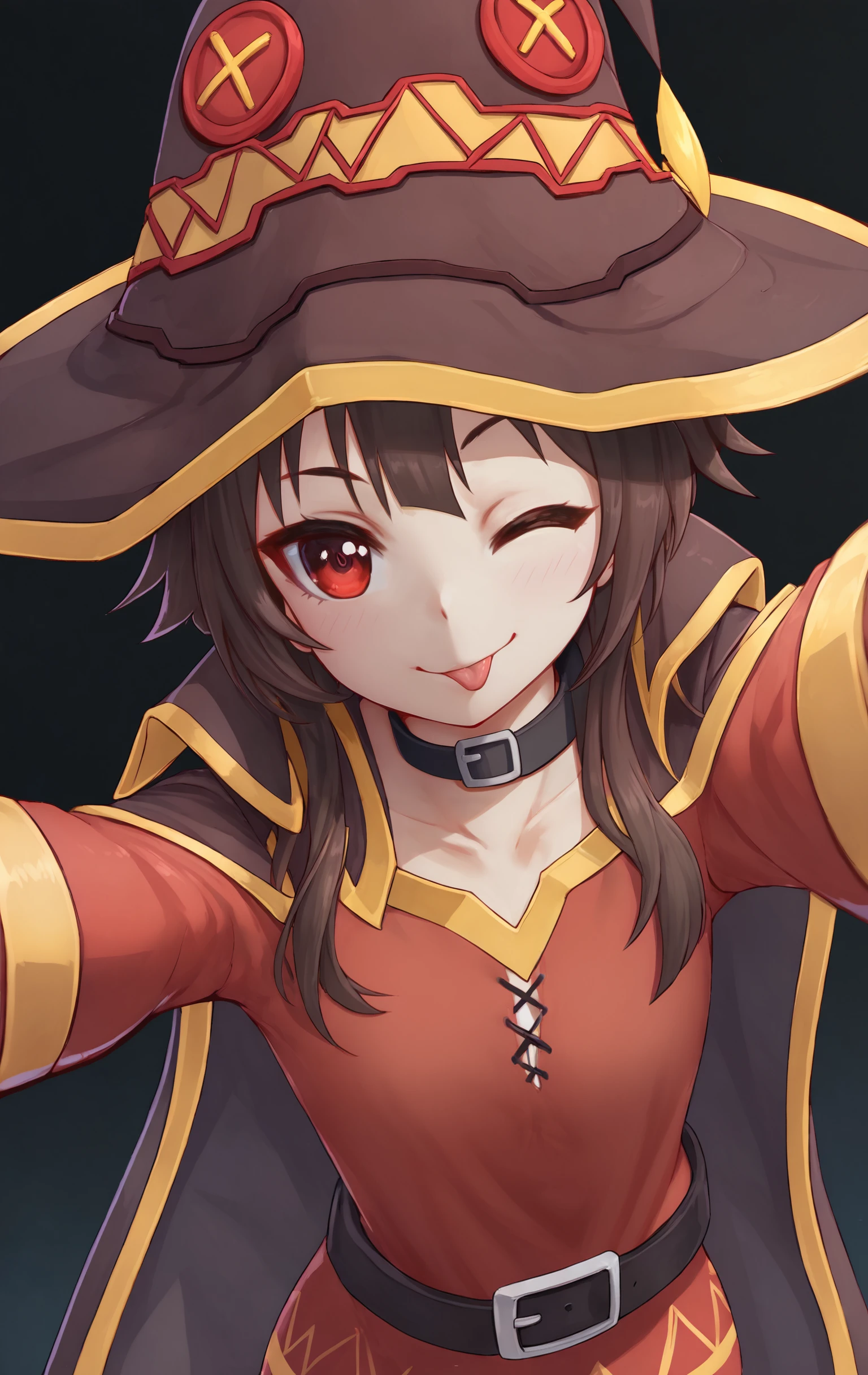 core_9, score_8_up, score_8, source_anime, 1Girls,dramatic lighting, dark background, closeup shot,
BREAK <lora:Melowh-04:0.8>, melowh,
BREAK (megumin:1.2), (cute smile:1.2), hat, red dress, cape, (wink:1.2), (showing tip of a tongue:1.2), (selfie:1.2),