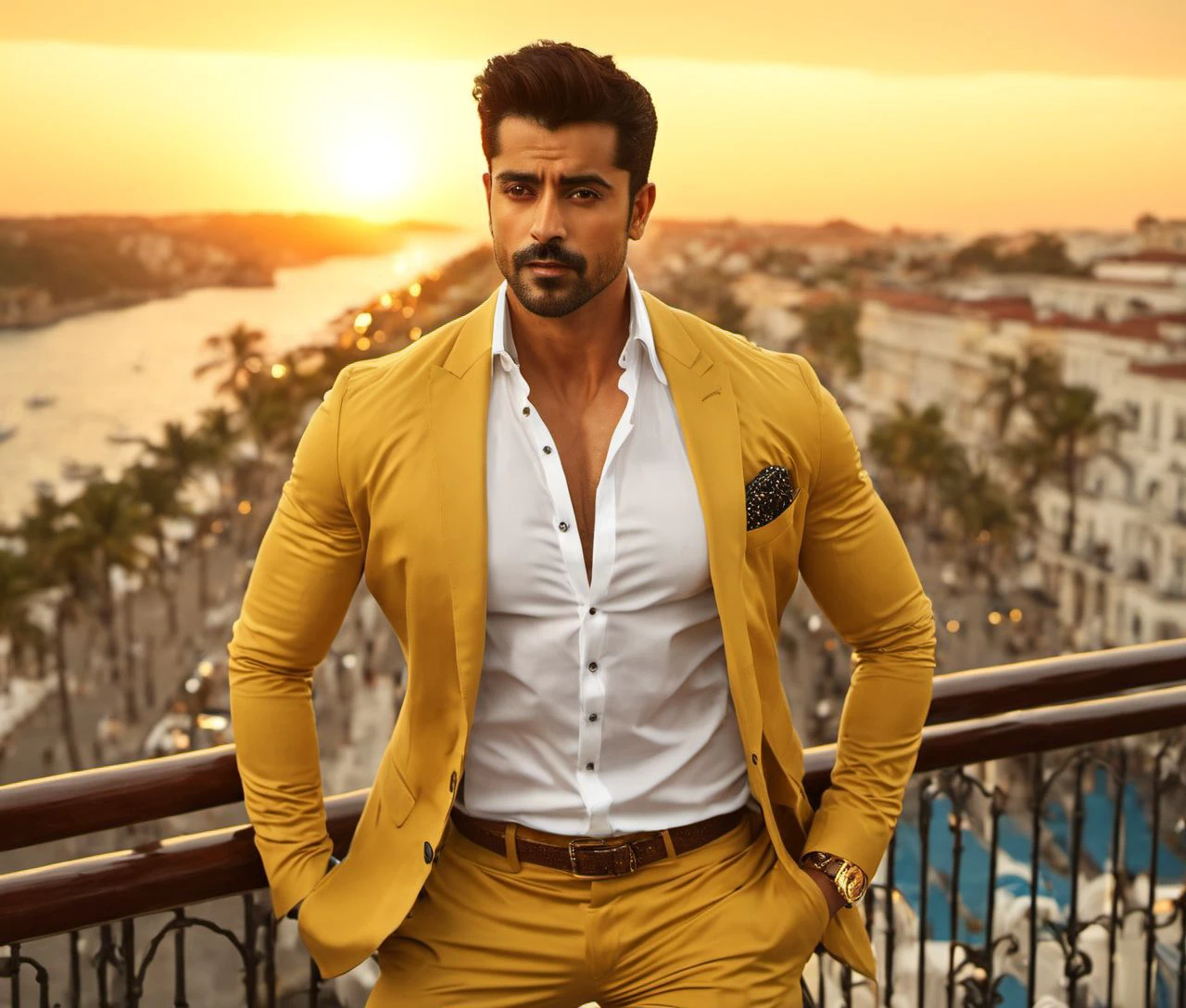 Nautical-themed (Photo:1.3) of (Ultrarealistic:1.3) <lora:Man_Men_FFashion:1> Kumail Nanjiani a man <lora:Gautam-Gulati_Kumail-Nanjiani:0.8> in a yellow suit standing on a balcony, handsome man, attractive man, handsome male, sun behind him, inspired by Pablo Munoz Gomez, shot at golden hour, editorial photograph, midshot of a hunky, by Roman Bezpalkiv, by Artur Tarnowski, maxim sukharev, by Gabor Szikszai,Highly Detailed,(Mono Color:1.3) . Sea, ocean, ships, maritime, beach, marine life, highly detailed