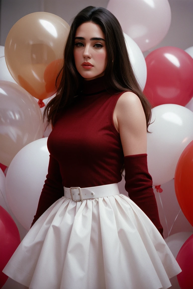 a cinematic fashion portrait photo of beautiful young woman from the 60s wearing a red turtleneck standing in the middle of a ton of white balloons
,RAW photo, full sharp, (FullHD epic wallpaper) 8k uhd, dslr, natural lighting, high quality, (hdr)