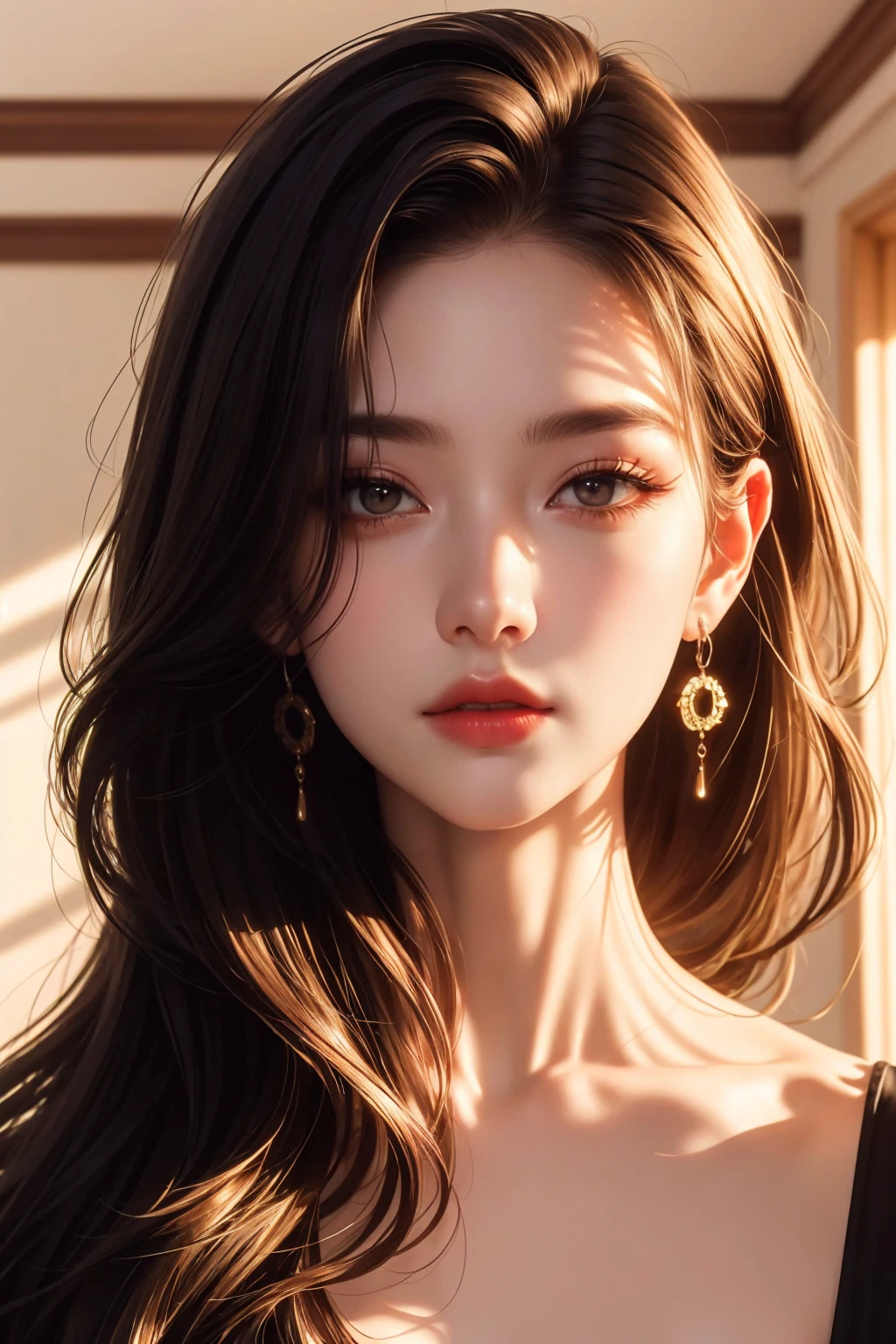 <lora:Korean beauty:0.8>,1girl,realistic,__Indoor-Style__,__Indoor_fantasy__,
1girl,solo,brown hair,long hair,looking at viewer,earrings,jewelry,, edge quality, perspective silhouette, 8k, best quality, masterpiece, extremely detailed, rule of thirds, photorealistic, superb, HDR, high resolution, sharp focus, photorealistic rendering, extremely detailed description, professional, gorgeous and intricate detail,