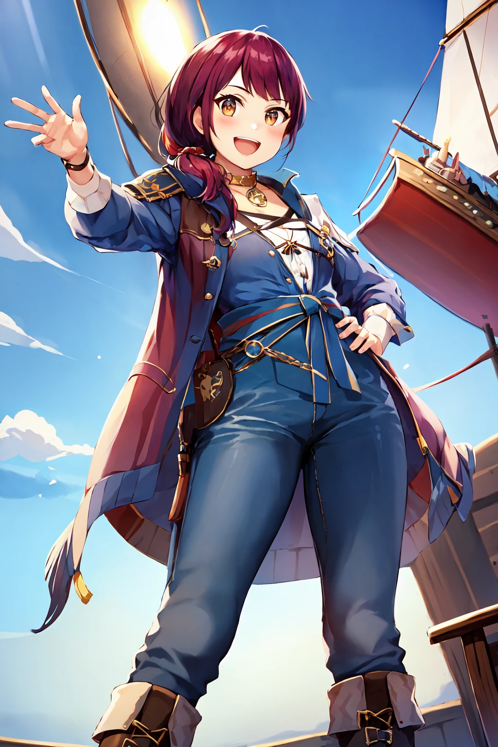 masterpiece,best quality,1girl,jhoiracurrent, <lora:JhoiraCurrent:0.85>,standing,ponytail,hair over shoulder,jacket,pants,boots,choker,happy,:d,on deck of ship,wooden pirate ship,in sky,full body,looking at viewer,front shot