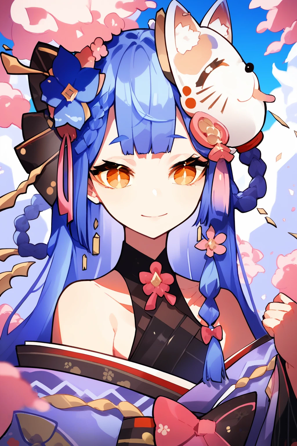 (score_9,score_8_up,score_7_up,),<lora:Azi2:0.9>,azi,solo,1girl,orange eyes,yellow eyes,fox mask,long hair,mask on head,japanese clothes,blue hair,hair ornament,virtual youtuber,very long hair,looking at viewer,kimono,braid,flower,bare shoulders,bangs,wide sleeves,hair flower,long sleeves,straight-on,pink bow,off shoulder,upper_body,outdoors,light smile,<lora:MikaPikaZoXLP6lokrV42310:0.6>,liquid background,
