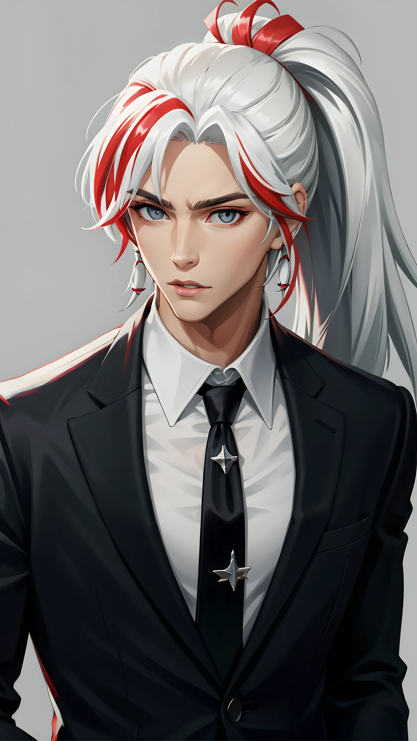 yone, solo, long hair, looking at viewer, shirt, 1boy, closed mouth, jacket, white shirt, ponytail, white hair, male focus, red hair, multicolored hair, necktie, collared shirt, grey background, black jacket, gradient, grey eyes, formal, suit, black necktie, <lora:Heartsleet_Yone:0.7>, (best quality), (masterpiece), upper body,