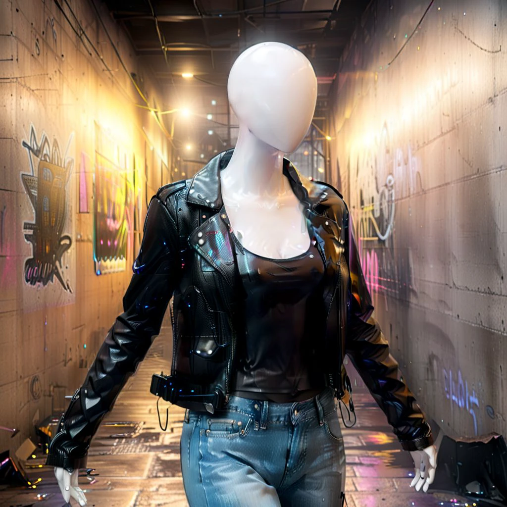 faceless egghead cyber punk mannequin in a leather jacket, tank top and jeans, medium shot, gothic atmosphere lighting, dak night futuristic alley background, perfect hands, Mannequin, photorealistic, hyper detailed, 8K, masterpiece