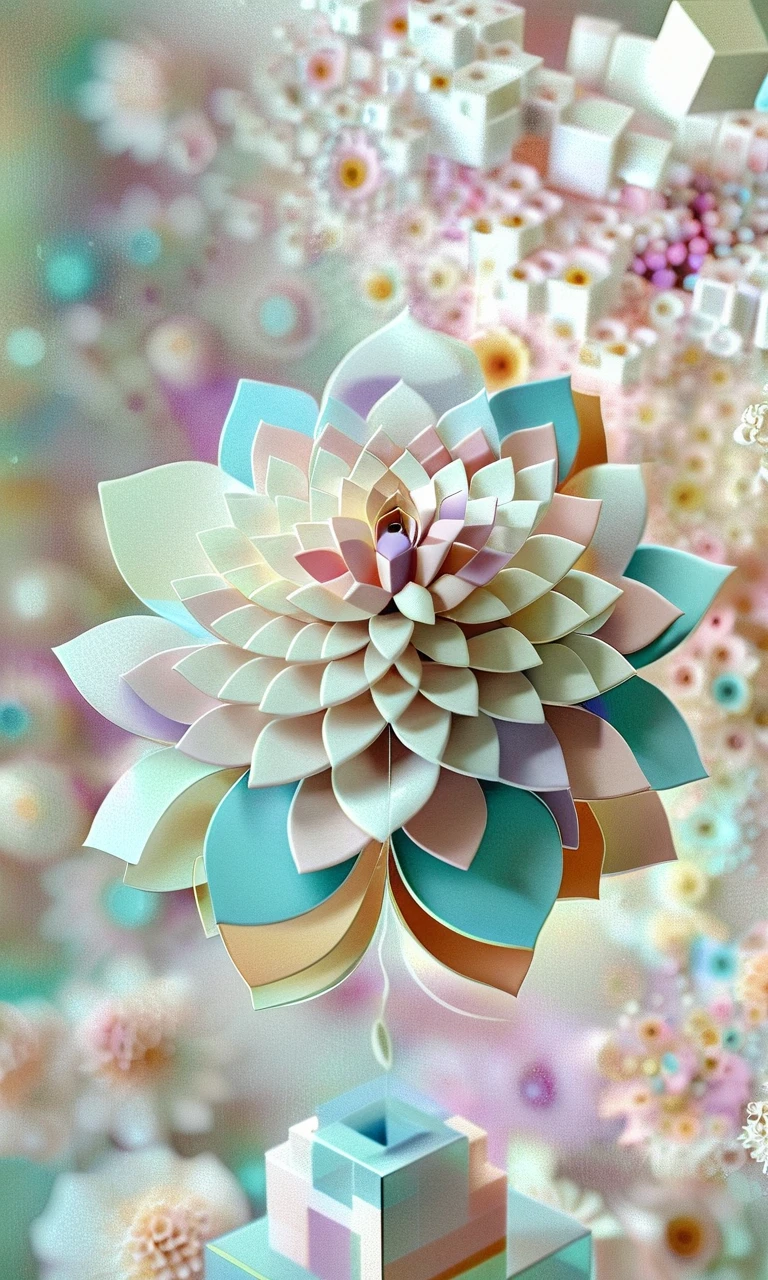 cube impression, 3D rendering, abstract, geometric shapes, flower, cube particles, bokeh background, digital art, complexity, layered petals, fractal, floating elements, soft lighting, pastel colors, centered composition, depth of field, artistic, modern, wallpaper-worthy, conceptual design, tranquil mood,<lora:cube_XL:1>