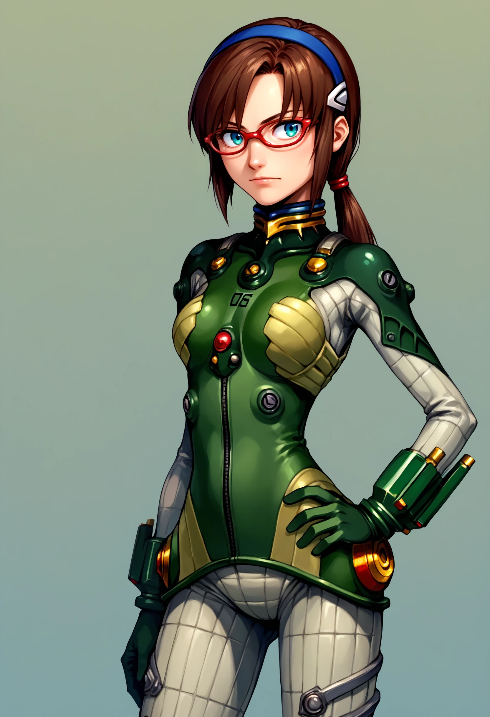 score_9,  score_8_up, <lora:Degen_Mari_Green_v1:.9> mari-green, hairband, red-framed eyewear, green plugsuit, bracer, numbered, quilted bodysuit, brown hair, contrapposto, hand on hips