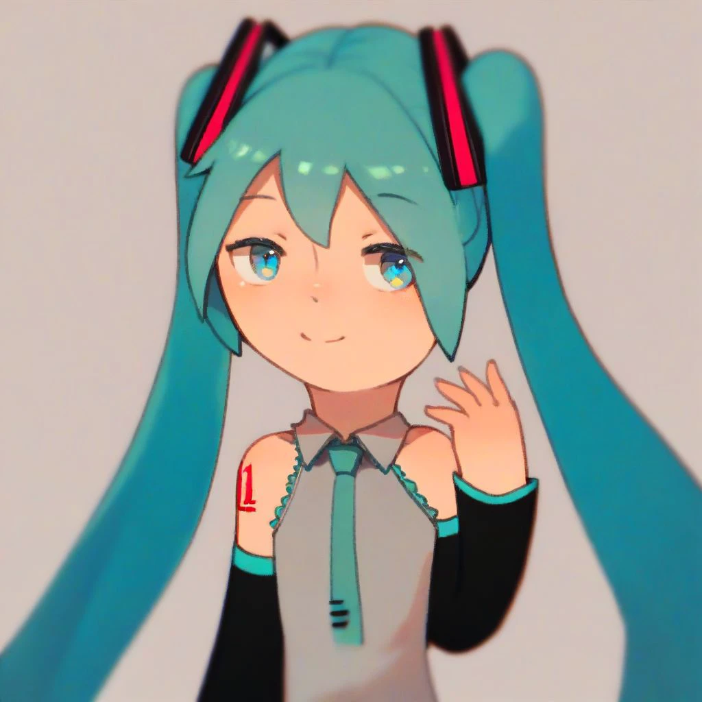 score_9,score_8_up,score_7_up,score_6_up,score_5_up,score_4_up, solo, 1girl, hatsune miku, twintails, blue hair, blue eyes, half-closed eyes, raised eyebrows, smile, hand up