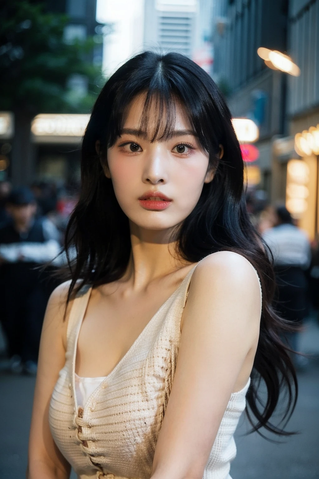 Best quality, masterpiece, ultra high res, (photorealistic), raw photo,1girl, skinny, upper body,solo, realistic, looking at viewer, long hair, bokeh background, city streets,brown eyes, bohemian dress, <lora:makina69_jinni_v1.0:1>
