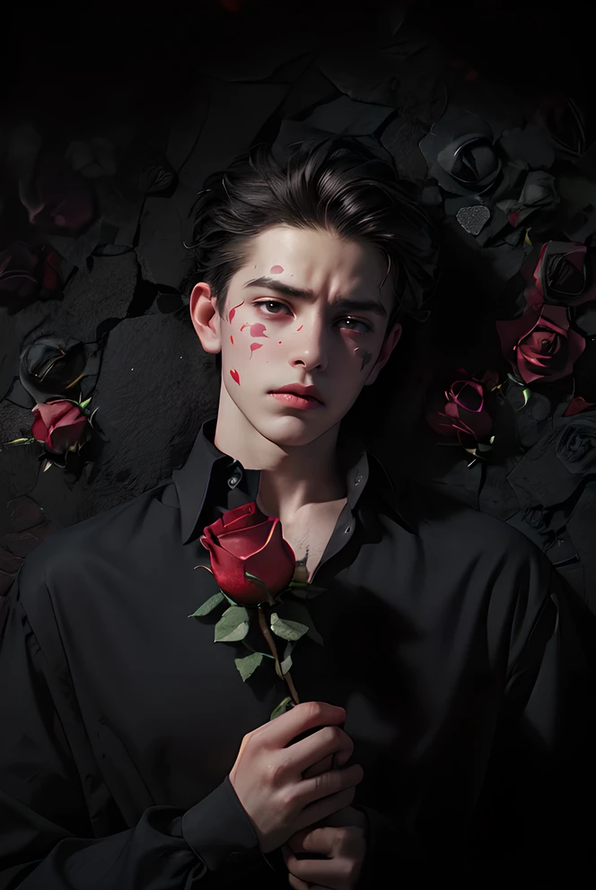 (1 boy:1), boy,flower, (photography: 1.6), (masterpiece 1.2), (32k: 1.8), (many roses:1.8), looking at viewer, makeup, red lips, long hair, red flower, petals, (red rose: 1.0), brown Eyes, lips, collarbone, lipstick, there is a red spot on the face, (covered by roses: 1.2), lying on the ground, upper body,(wear black shirt:1.2),Cinematic quality,(There are red spots on the face, covered by roses:1.8),dim light,(melancholy style:1.8),(deep and dark environment:2)
