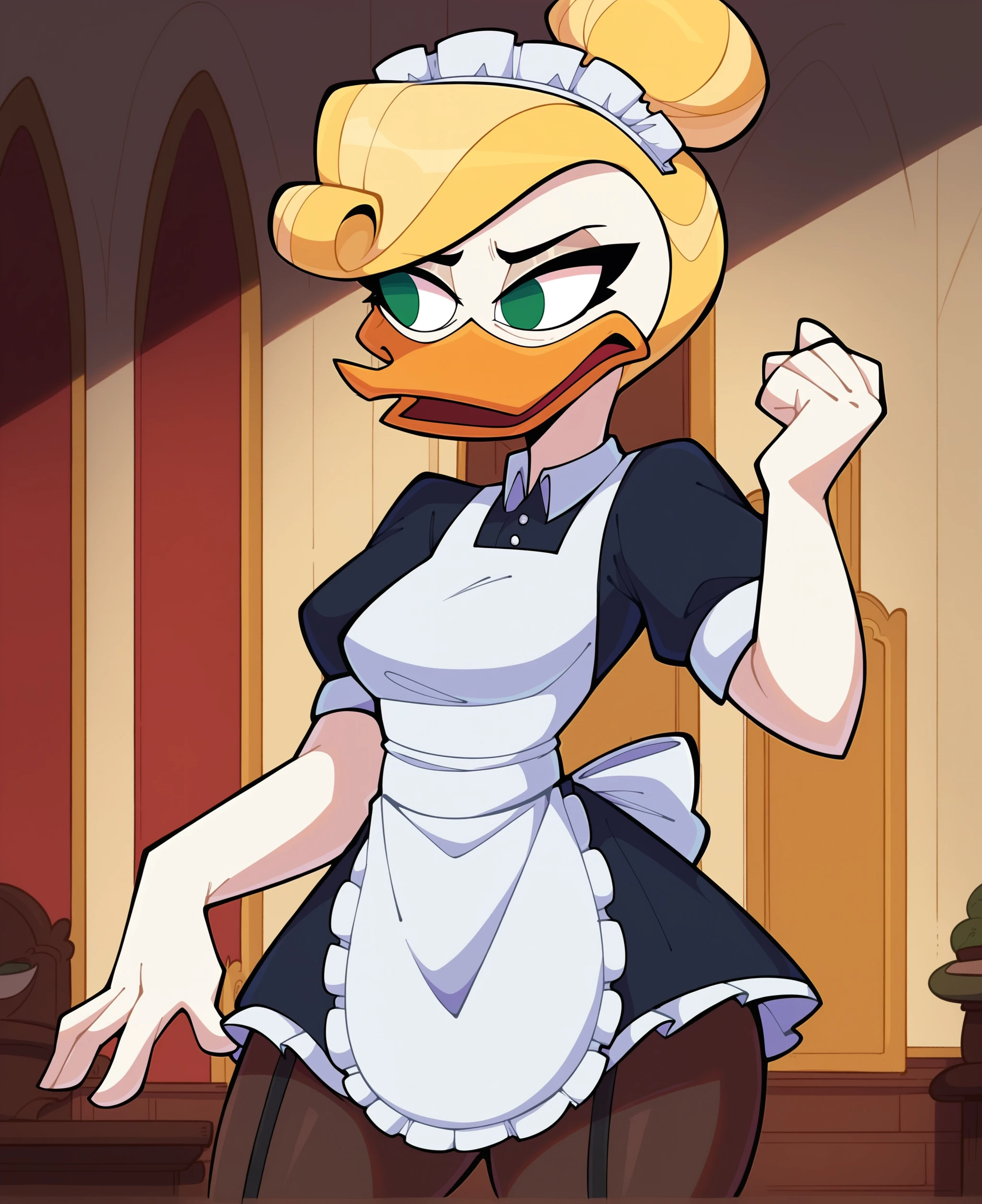 score_9, score_8_up, score_7_up, score_6_up, best quality, highres, source_furry, BREAK drocll BREAK
1girl, female, solo, furry, inside, mansion, standing, female, duck, beak, goldie o'gilt, mature female, green eyes, looking aside, white skin, white body, maid uniform, maid headdress, maid apron, garter straps, leggings, pantyhose, blonde hair, swoop bangs, hair bun, breasts, thick thighs, standing, embarrassed, annoyed, <lora:Goldie_OGilt:0.8>