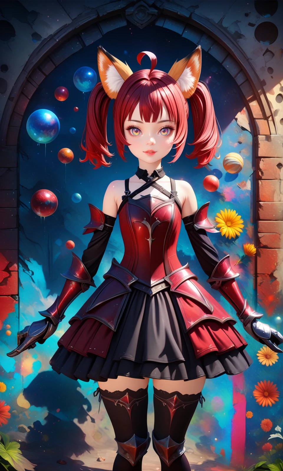 solo, elinxl, red hair, fox ears, twintails, ahoge, 
dress, detached sleeves, gothic style, thighhighs, armored dress, armored gloves, 
looking at viewer, straight-on, 
outdoors, 
detailed background, 
colorful, drop shadow, light particles, 
masterpiece, best quality, very aesthetic, absurdres, 
<lora:Elin_XL:1>