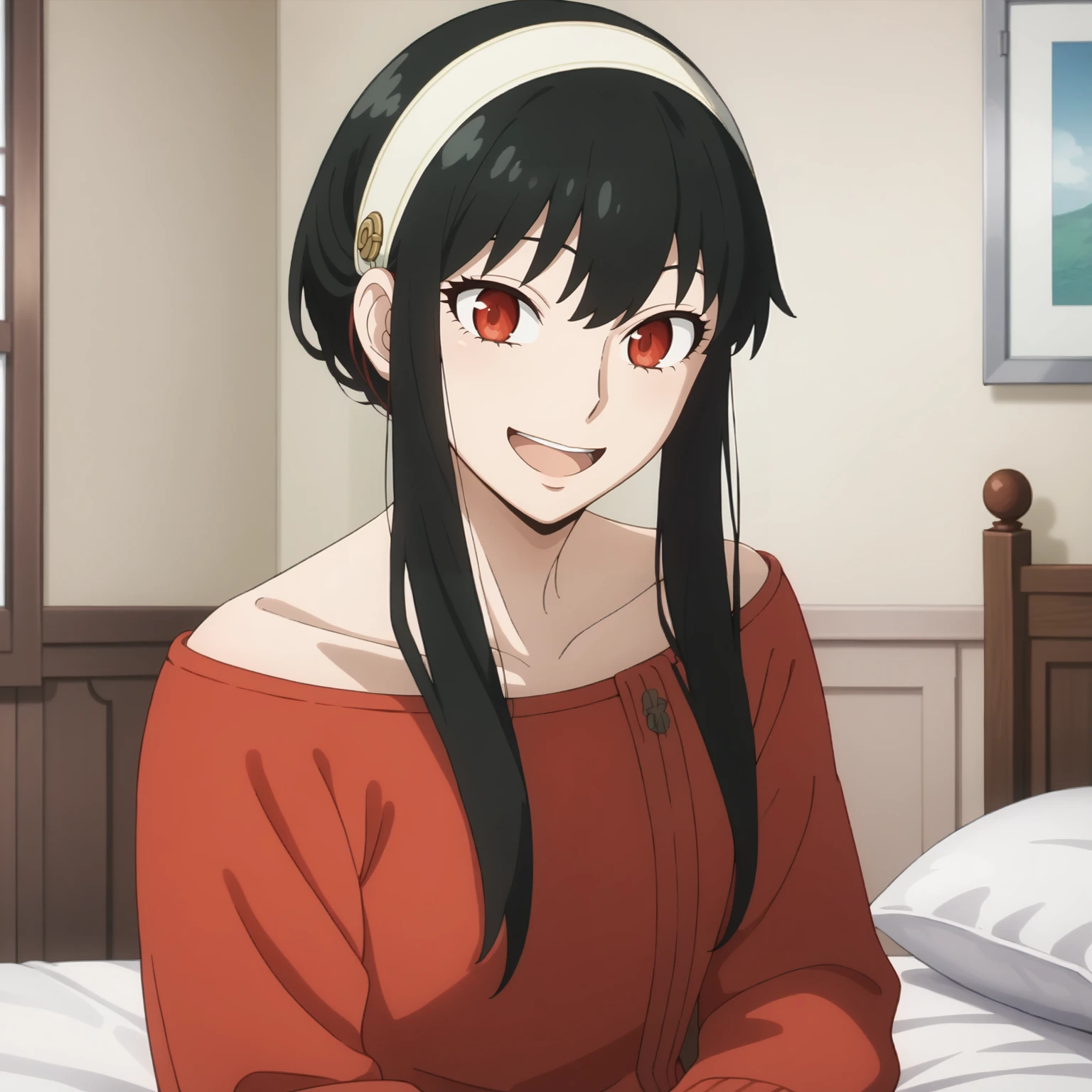 <lora:YorForgerXLpony004>,
looking at viewer,smile,open mouth,
solo,
YorForger,1girl,black hair,red eyes,short hair with long locks,
white hairband,
off shoulder,red sweater,