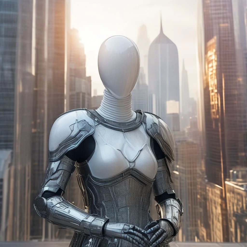 faceless egghead mannequin in a futuristic medieval armour, cowboy shot, soft warm cenital top lighting, futuristic city building background, perfect hands, Mannequin, photorealistic,