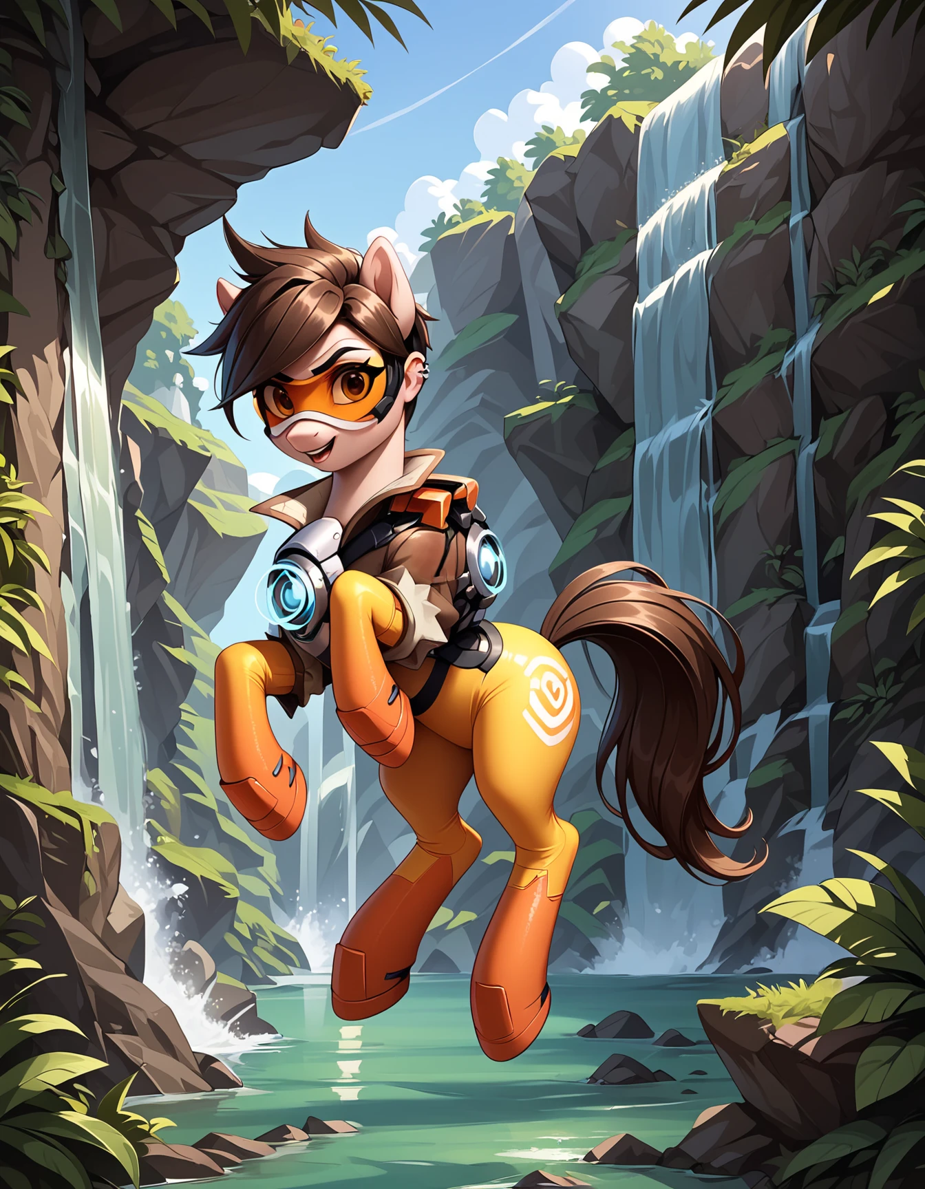 score_9, score_8_up, score_7_up, score_6_up, score_5_up, score_4_up,  
source: illustration, Tracer, expressive, full body, pony, feral, cute, beautiful, pretty, (at a waterfall, djungle:1.1),streetfighter, highly detailed, intricate details, digital art, perfect anatomy, perfect proportions, 4k,jumping, (dynamic pose:1.15),