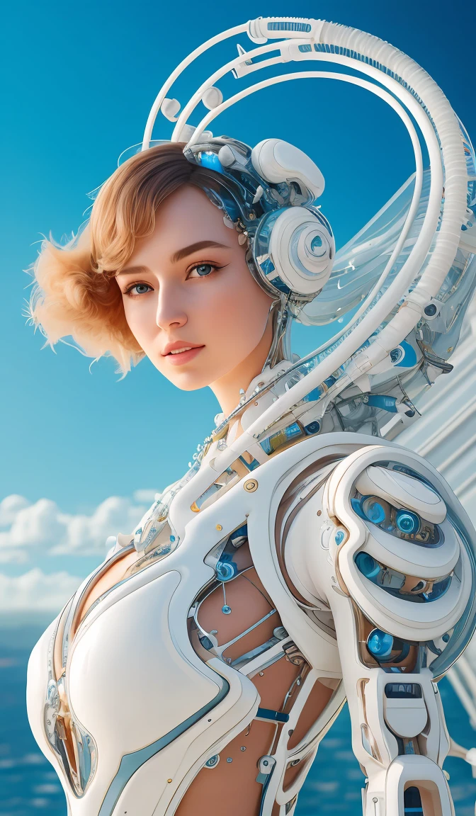 iris van herpen, young woman beautiful face, perfect symmetrical body, full body shot, inflateble shapes, wires, tubes, veins, jellyfish, white biomechanical details, wearing epic bionic cyborg implants, masterpiece, intricate, biopunk, vogue, highly detailed, artstation, concept art, cyberpunk, octane render
