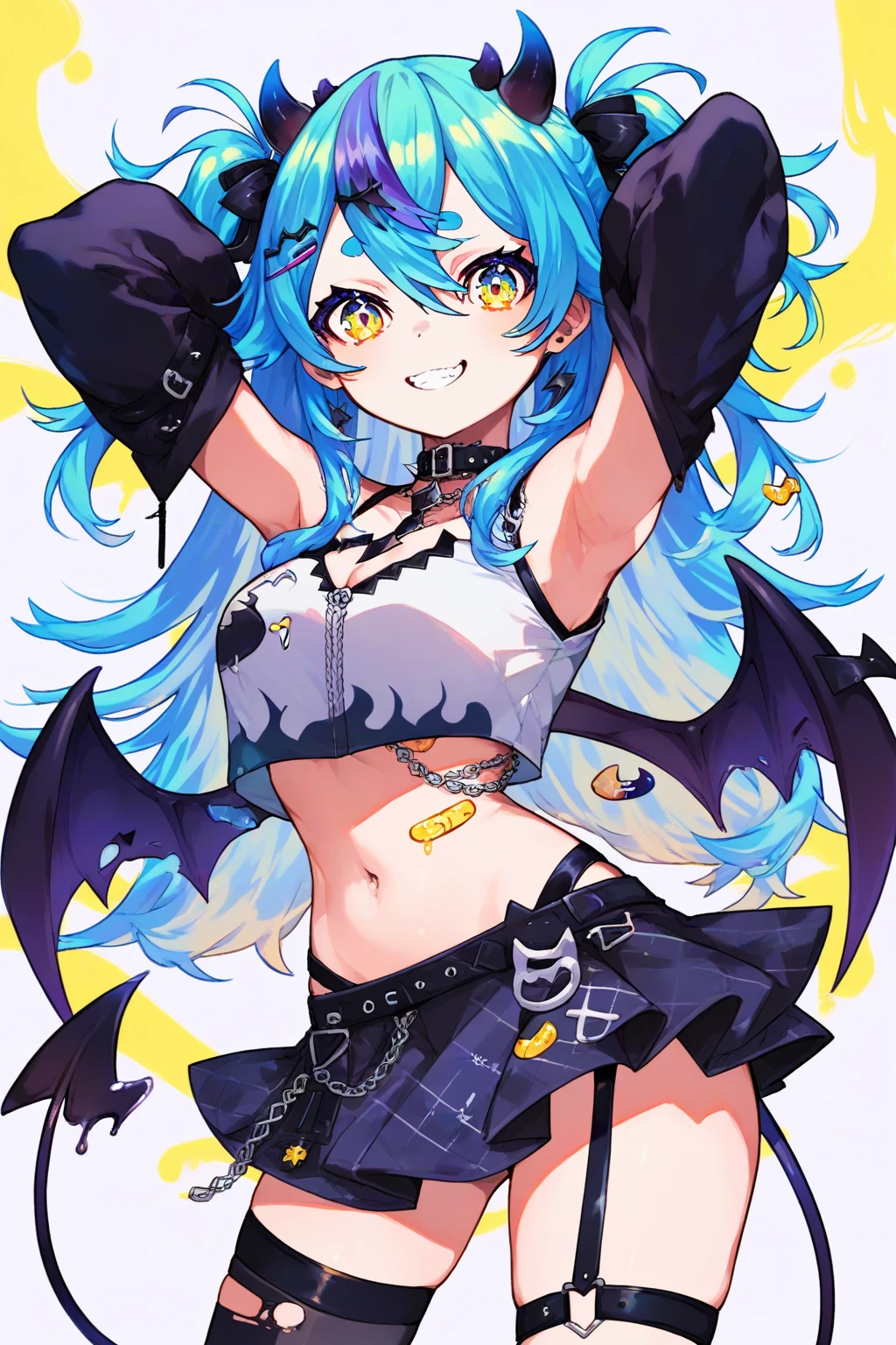 (score_9,score_8_up,score_7_up,),<lora:maolei:0.8>,<lora:MikaPikaZoXLP6lokrV42310:0.7>,Nyaru,1girl,virtual youtuber,long hair,wings,horns,demon horns,two side up,demon wings,legwear garter,multicolored hair,blue hair,demon girl,yellow eyes,bandaid,skirt,mismatched legwear,asymmetrical legwear,thighhighs,jewelry,demon tail,tail,navel,streaked hair,breasts,portrait,colorful,liquid_background,:d,kind_smile,arms up,arm_behind_head,colorful background,